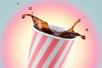 Poster - A pink striped paper cup with a splash of dark brown liquid  possibly soda or coffee