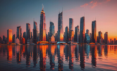 Poster - City skyline is reflected in the water. The water is calm and the sky is orange. The buildings are tall and the city is lit up at night