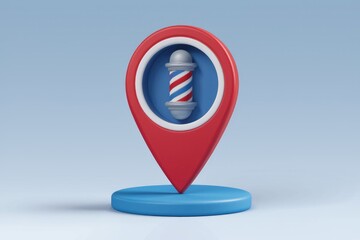 Fototapete - 3D render of a barber shop location marker.  Red pin with barber pole
