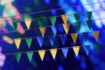 Poster - Colorful triangular flags strung on a line against a blurred bokeh background