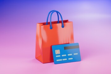 Aufkleber - Orange shopping bag with blue credit card  symbolizing online shopping and payments