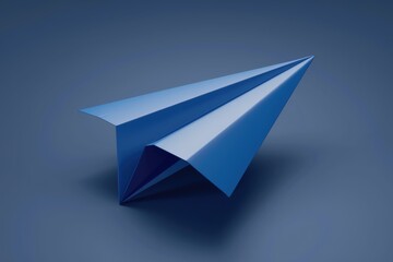 Poster - A vibrant blue paper airplane  sharply folded  rests on a matching blue background