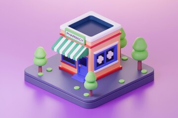 Poster - A cute 3D model of a pharmacy with a green awning  surrounded by small trees