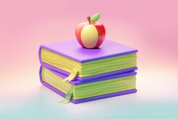 Poster - A vibrant 3D render of two colorful books with an apple on top  symbolizing knowledge and learning
