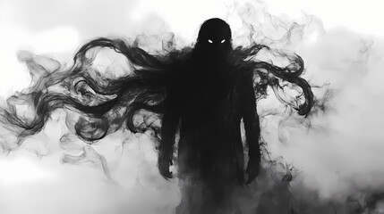 Enigmatic smoke-shrouded silhouette exuding eerie supernatural presence. Eldritch. Illustration