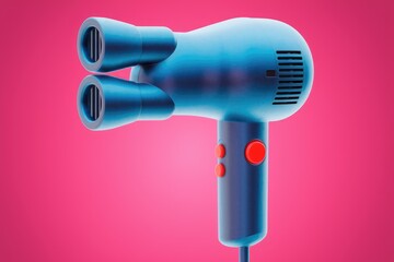 Poster - Futuristic double nozzle hairdryer design  vibrant blue on pink background