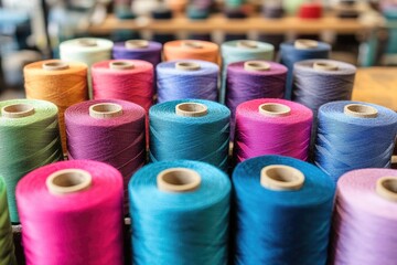 Aufkleber - A collection of thread spools sitting on a table, ideal for depicting organizational or crafting themes
