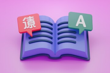 Fototapete - A 3D illustration of an open book with speech bubbles showing Chinese and English translation