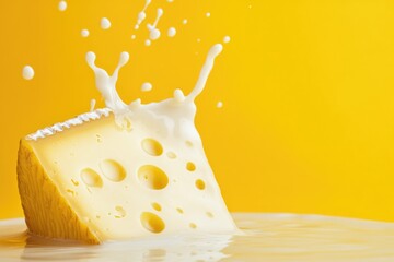 Poster - A slice of cheese falls from above into the calm water, creating ripples and a splash