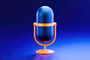 Poster - A 3D rendered image of a stylish blue microphone with a gold stand against a deep blue background