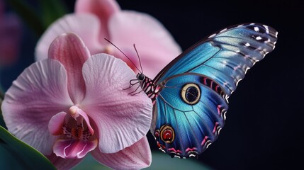 Poster - A blue butterfly perched on the petals of a bright pink flower, showcasing its vibrant colors and delicate features