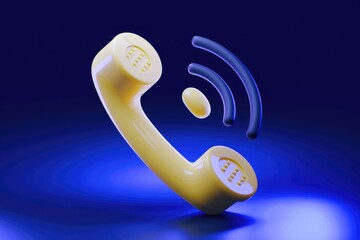 Poster - A 3D rendering of a yellow retro telephone handset with a wireless signal  symbolizing communication