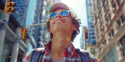 Aufkleber - A young adult male wearing a plaid shirt and sunglasses, great for use in casual or lifestyle scenes