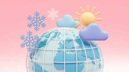 Poster - A 3D render of a globe with weather icons; sun  clouds  and snowflakes