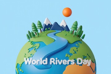 Poster - 3D illustration of World Rivers Day  showing a stylized Earth with a river  mountains  and trees
