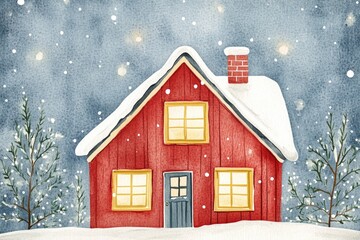 Poster - A cozy red house surrounded by snow-covered trees and lawn