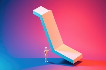 Poster - A small figure struggles to hold up a large  leaning geometric shape against a vibrant background
