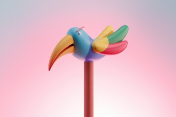 Poster - A colorful  cartoonish bird on a stick  rendered in 3D  against a soft pink background