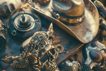 Poster - A table filled with various metal items, great for depicting industrial or sci-fi scenes