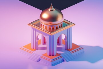 Aufkleber - A minimalist 3D rendering of a mosque with a gold dome and pastel colors