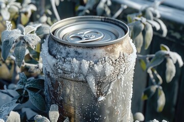 Poster - A can of soda sits atop a plant covered in snow, perfect for a winter scene or advertisement