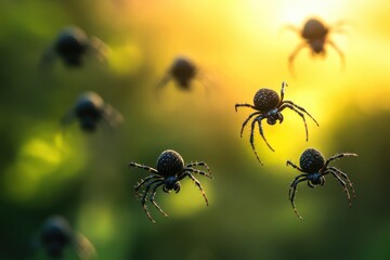 Poster - A group of black spiders are flying through the air, a unusual and unique scene