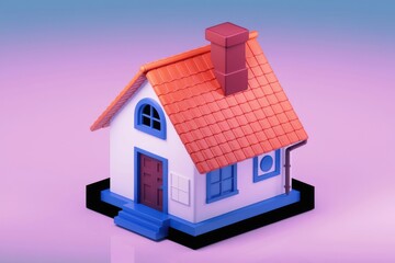 Poster - A charming 3D rendered cartoon house with a red roof  blue accents  and a chimney