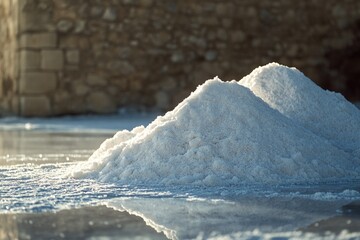 Poster - A pile of fresh snow sits atop a small puddle of water, creating a unique winter scene