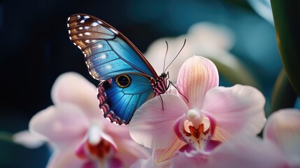 Poster - A blue butterfly perched on the petals of a pink flower, with bright green leaves and stems in the background