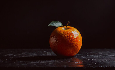 Poster - Large orange with a green leaf on top. The orange is sitting on a table. The table is black
