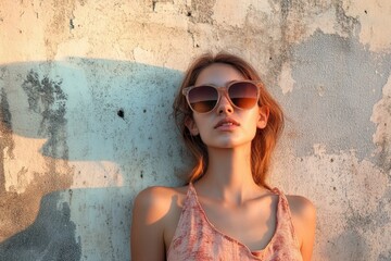 Poster - A woman with sunglasses on stands near a wall, ready for something