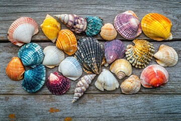 Poster - A collection of variously colored seashells arranged on a wooden surface