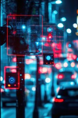 Aufkleber - A busy urban street at night with heavy traffic and city lights