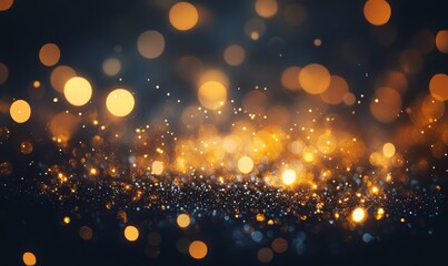 Golden glitter in focus with bright bokeh lights creating a luxurious and festive texture. Holiday celebration or luxury event concept