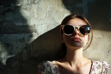 Poster - A woman standing in front of a wall wearing trendy sunglasses