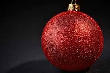 Poster - A single red Christmas ornament sits on a dark, matte surface
