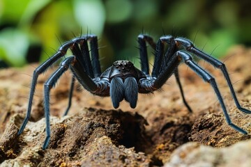 Poster - A black spider sits atop a pile of dirt, awaiting its next meal