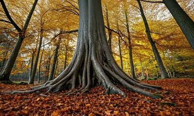 Wall Mural - A majestic tree with a wide trunk surrounded by vibrant autumn leaves, creating a serene forest atmosphere.
