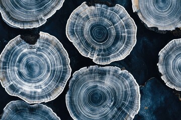 Poster - Close-up shot of tree ring patterns on a black background, suitable for use in scientific or educational contexts