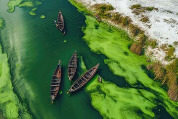 Aufkleber - A group of boats floats peacefully on the surface of a serene green river
