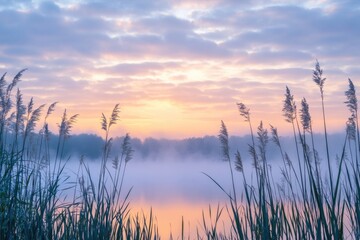 Poster - A serene landscape of a lake at sunset with tall grass surrounding it