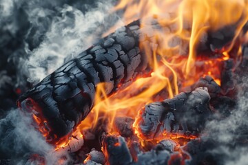 Poster - A close-up shot of a burning fire with thick smoke rising from it