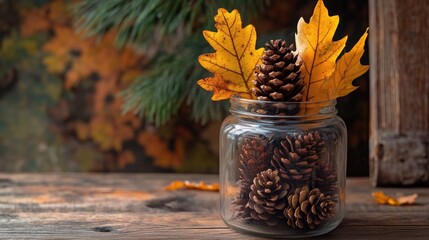 Poster - A glass jar filled with pine cones and leaves, perfect for decoration or gift