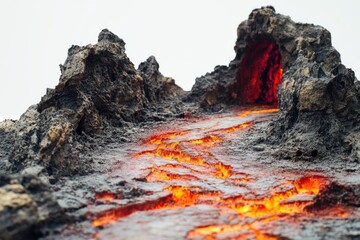 Poster - A lava cave with a red glow emerging from within, ideal for use in illustrations about volcanology or geological concepts