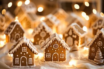 Poster - A collection of small gingerbread houses on a table, perfect for holiday decorations or photography props