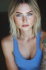 Poster - A portrait of a woman with piercing blue eyes and a colorful tattoo on her arm