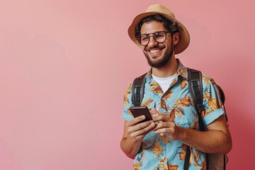 Poster - A person in a hat and glasses using their cell phone, possibly taking a photo or video