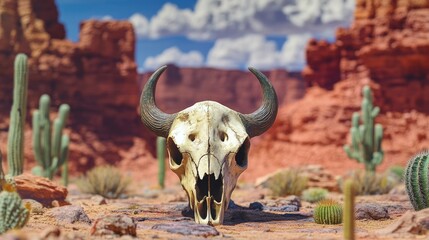 Poster - A bull skull found in the middle of a desert, possibly as a landmark or a sign of something