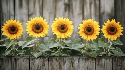 Poster - Bright yellow sunflowers in a rustic wooden planter, perfect for gardening or home decor