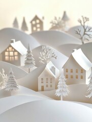 Leinwandbilder - A charming paper-cut Christmas village showcases intricate designs of snowy houses and trees, creating a serene winter atmosphere. Generative AI